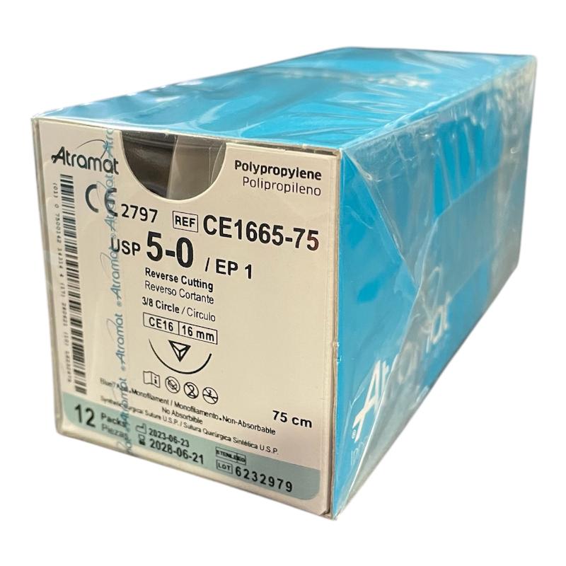 Поліпропілен монофіламент синій, не розсмоктується USP 5-0 (EP1) зі зворотн.-ріж. голкою 16мм, 3/8кола, довж. нитки 75см